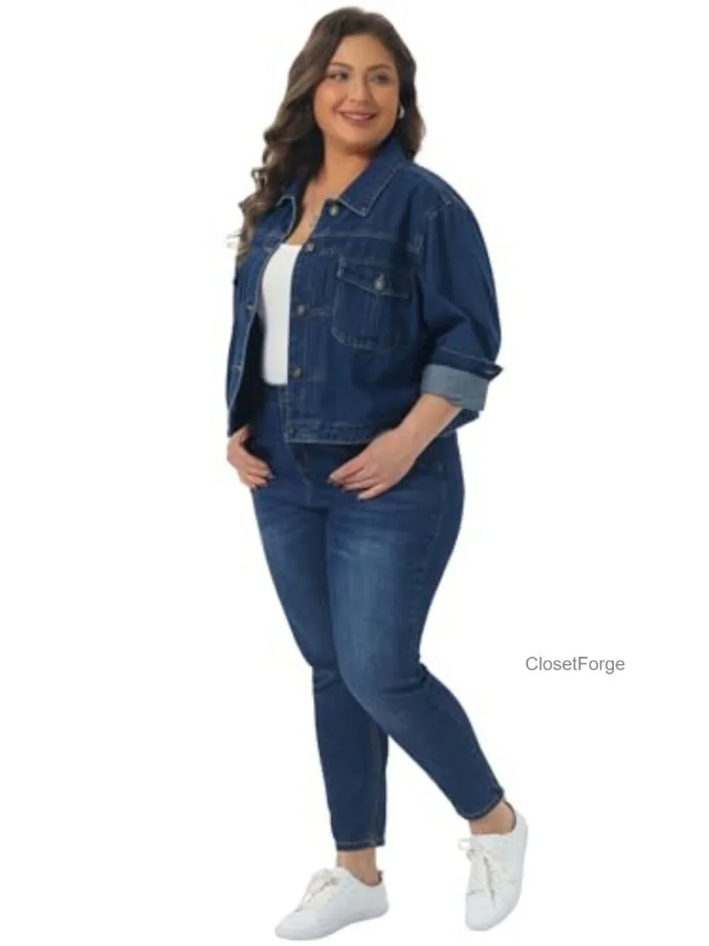 Plus Size Denim Jacket Long Sleeve Button Down Trucker with Pockets